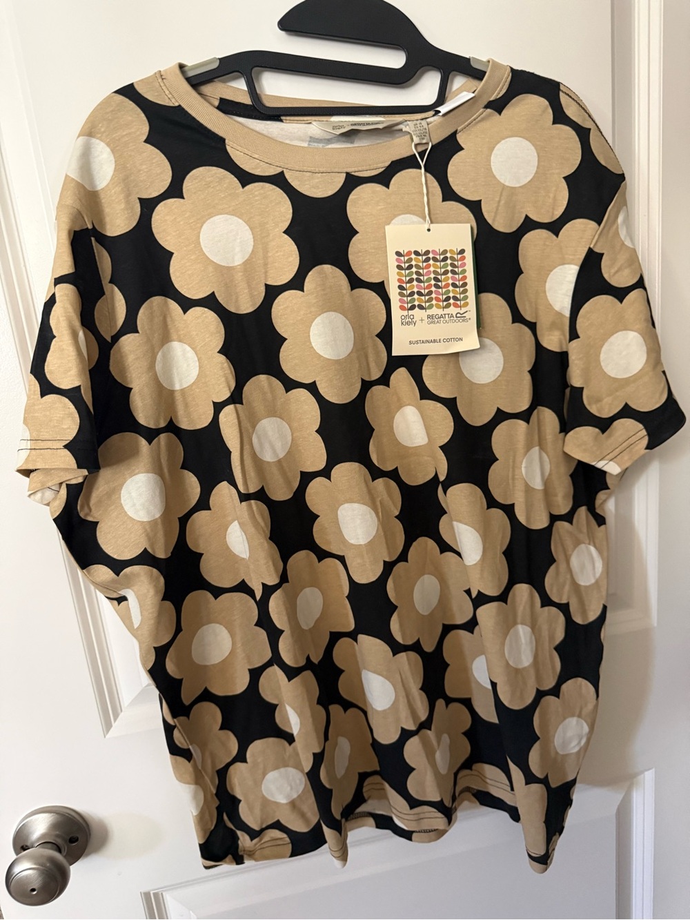 Orla Kiely Black Top with Beige and White Flower Print